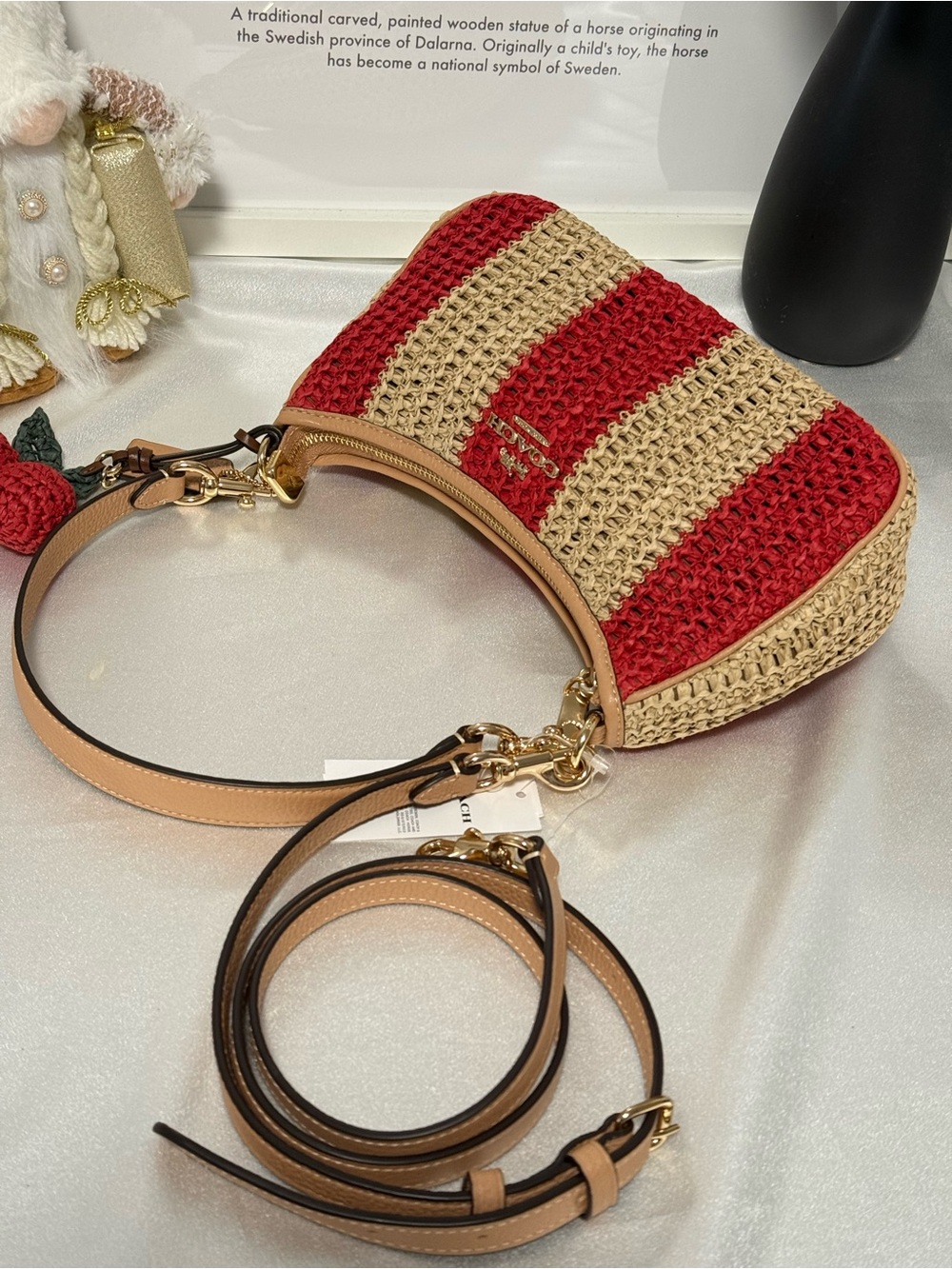 COACH teri shoulder bag with stripes and charm. gold/red/tan CER34 - Picture 5 of 11